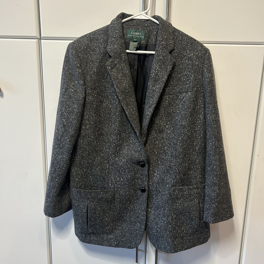 Lauren Ralph Lauren Womens 16W Grey Wool Tweed Blazer Jacket Speckled Woolmark